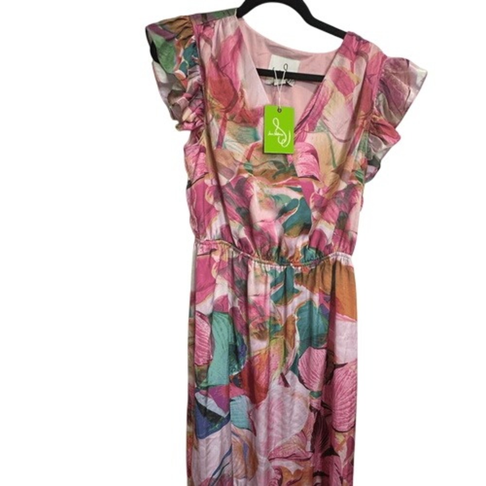 Sam Edelman Women Pink Tropical Floral Flutter Sleeve Tiered Midi Wrap Dress‎ 10